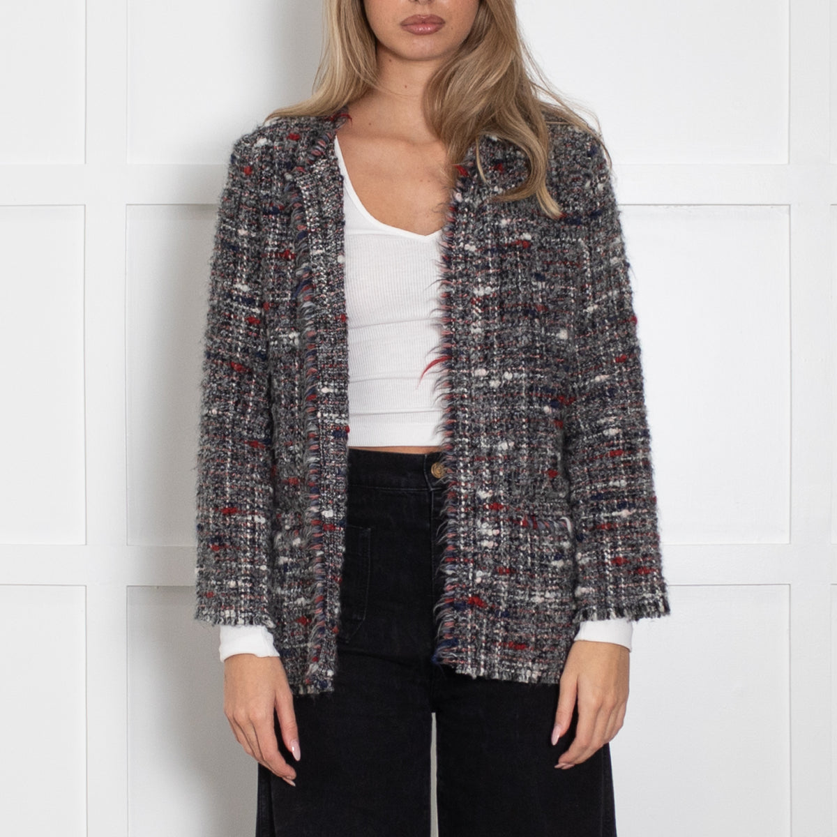 Iro Grey Boucle Jacket With Red And Blue Fleck