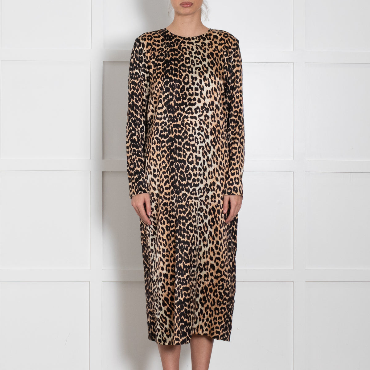 Ganni Brown Animal Print Silk Long Sleeve Dress