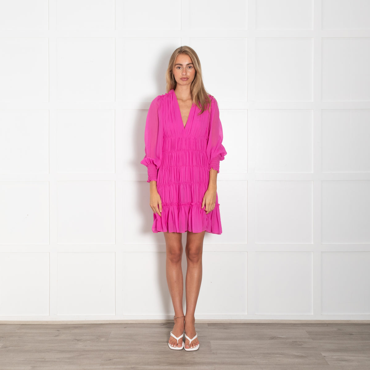 Sandro Purple Pink Ruched V-Neck Long Sleeve Dress