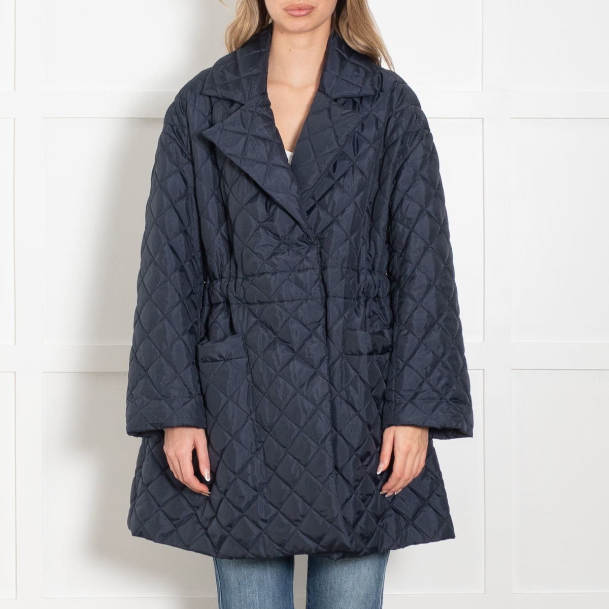 Ganni Navy Quilted Cinch Waist Coat