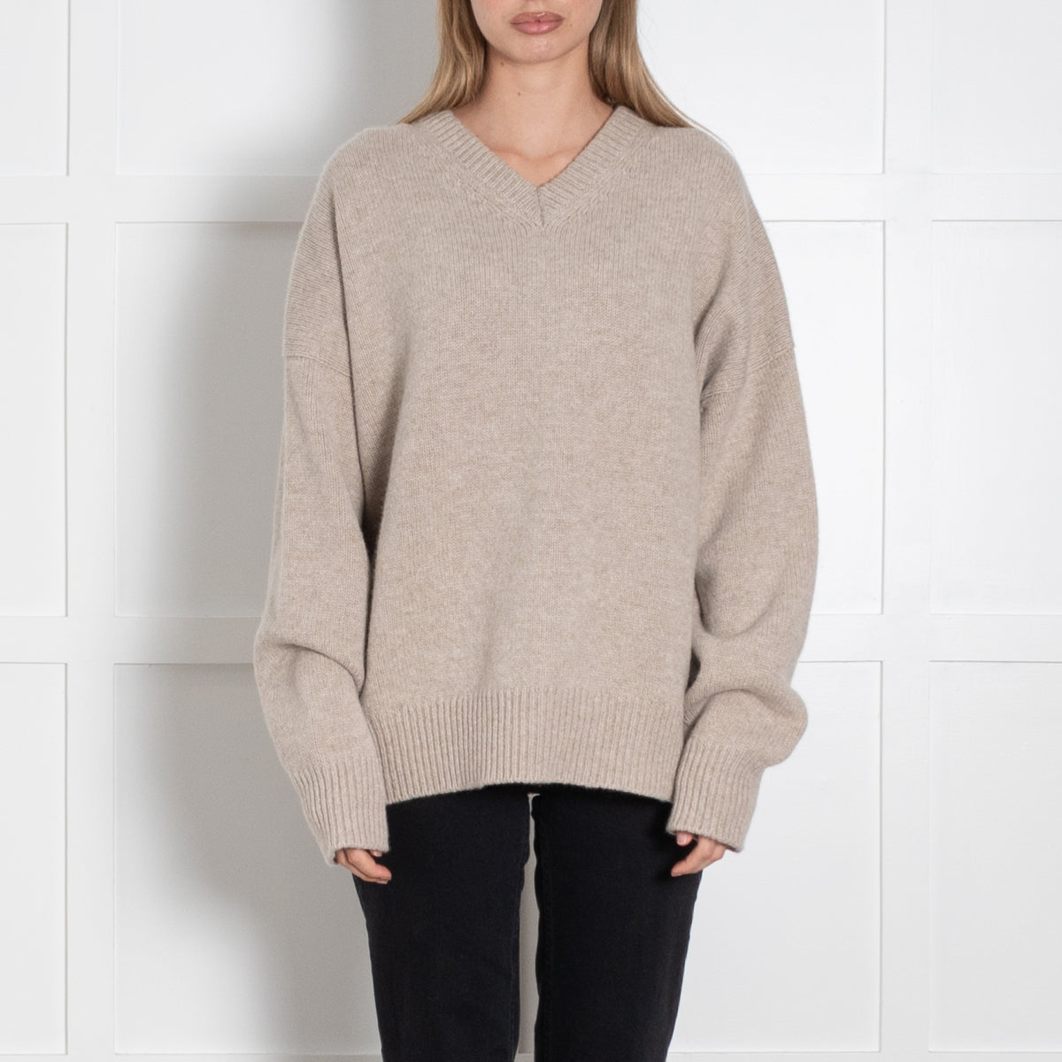 &Daughter Oatmeal V Neck Wool Jumper