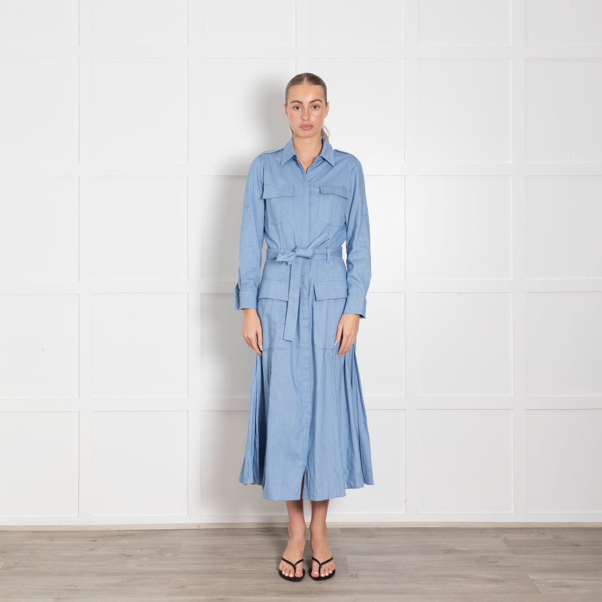 Gabriela Hearst Blue Pleated Belted Shirt Dress