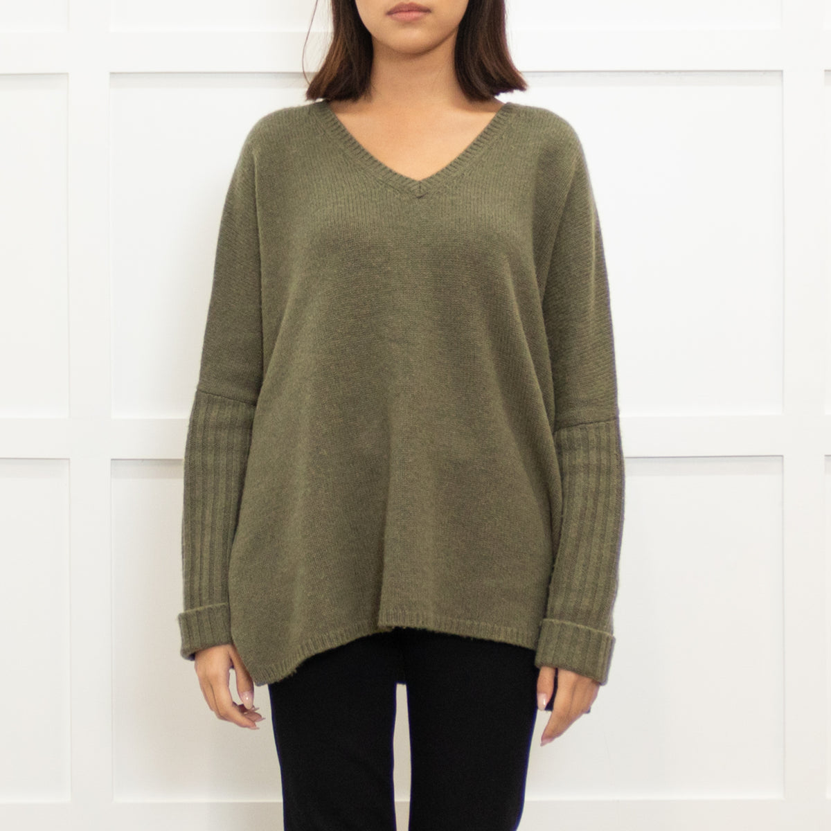 Divine Cashmere Khaki Cashmere V Neck Jumper
