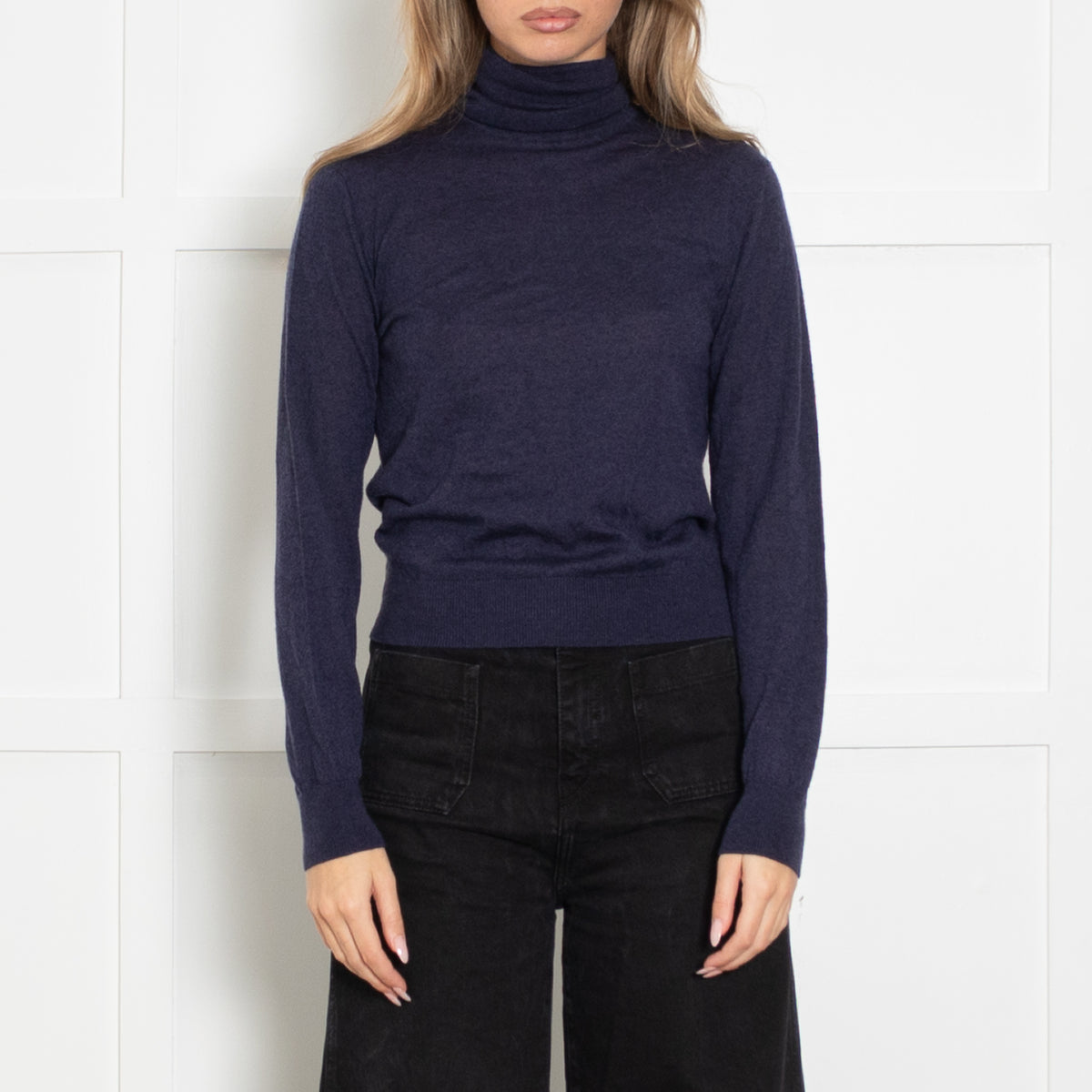 Loro Piano Navy Fine Knit Polo Neck Sweater