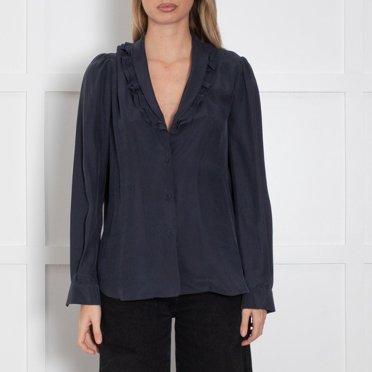 Frame Navy Blue Frill Neck Long Sleeved Blouse