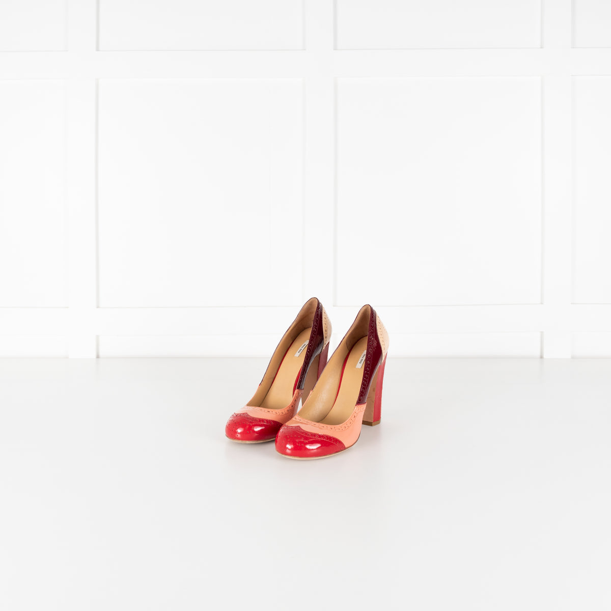 Miu Miu Pink Red Beige Painted Leather Heeled Shoes