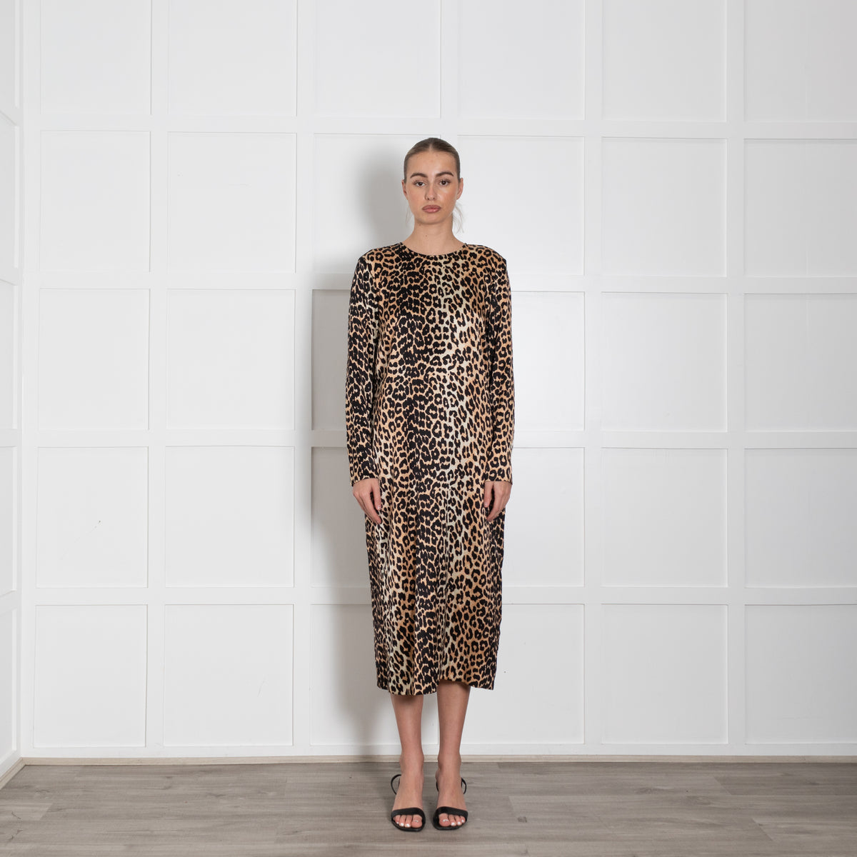 Ganni Brown Animal Print Silk Long Sleeve Dress