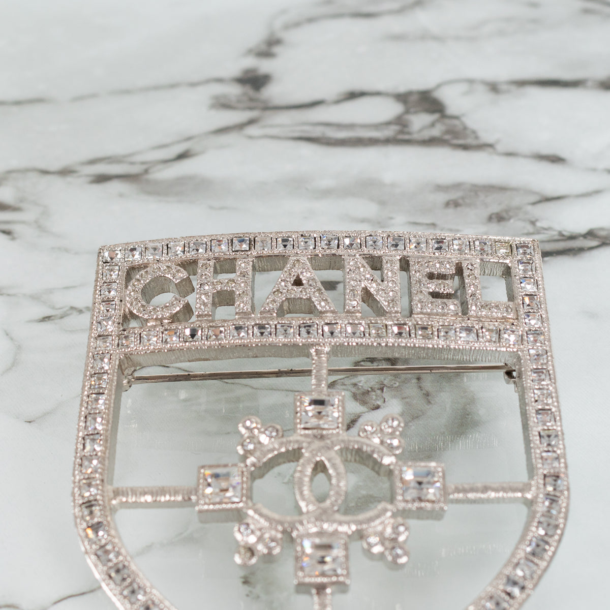 Chanel Silver Crystal Crest Shield Brooch