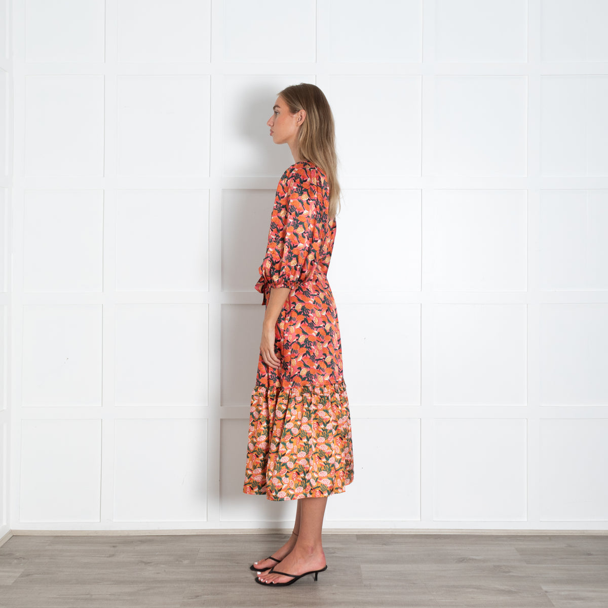 Emily Lovelock Pink Floral Longsleeve Buttondown Maxi Dress With Drop Pleated Skirt
