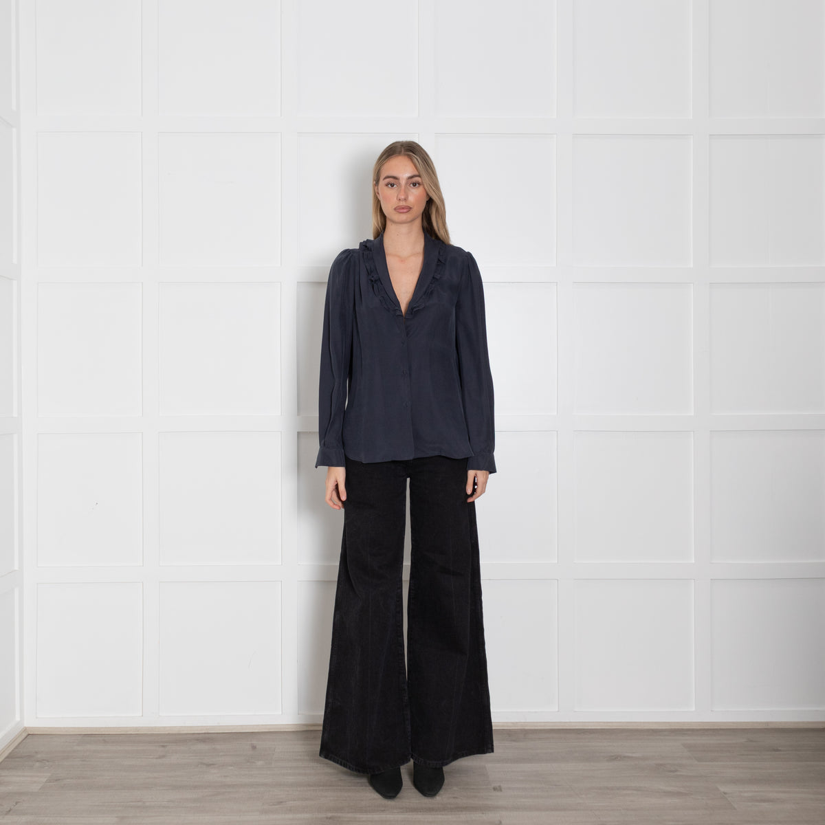Frame Navy Blue Frill Neck Long Sleeved Blouse