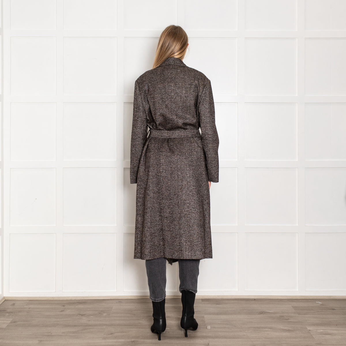 Blaze Brown White Herringbone Cabana Whistler Belted Long Coat