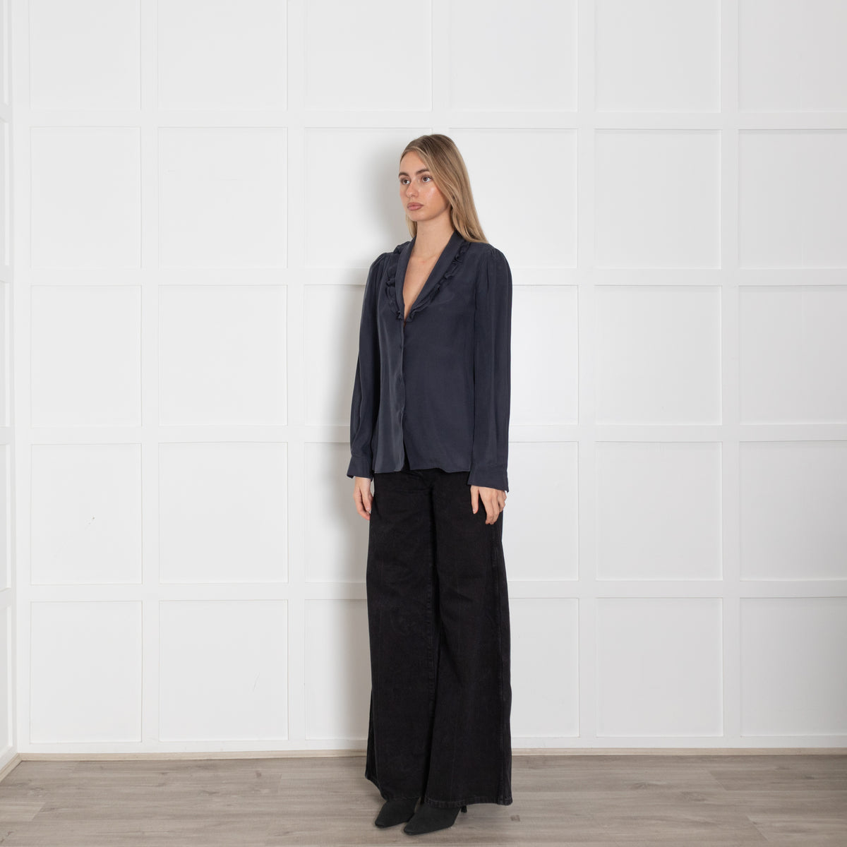 Frame Navy Blue Frill Neck Long Sleeved Blouse