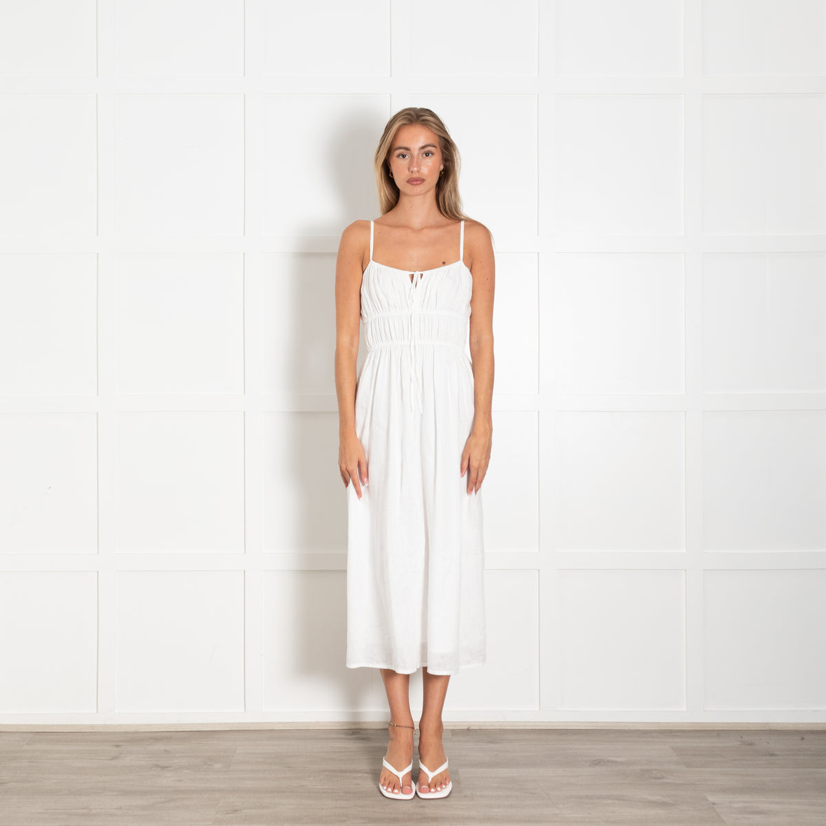 Faithfull The Brand White Linen Ruched Top Strappy Dress