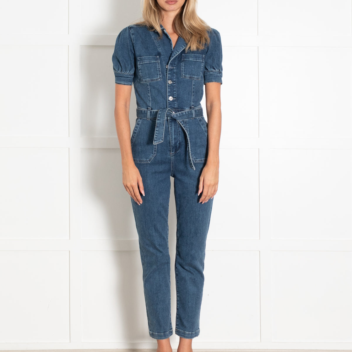 Paige Blue Denim Short Sleeve Jumpsuit