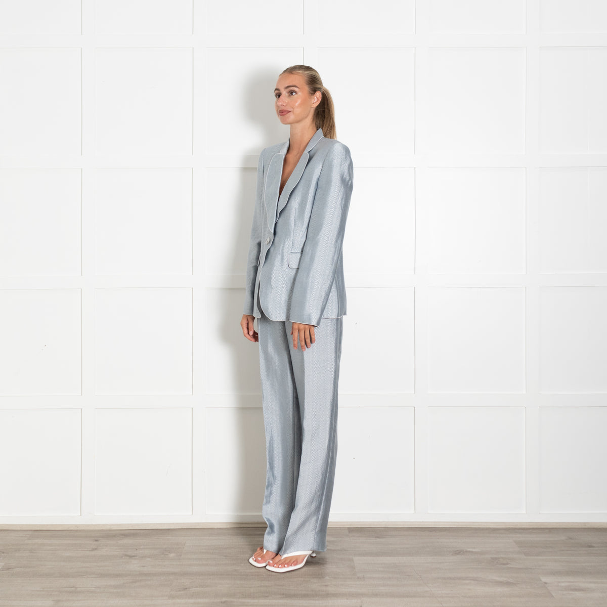 Giorgio Armani Pale Blue Herringbone Trousers Suit