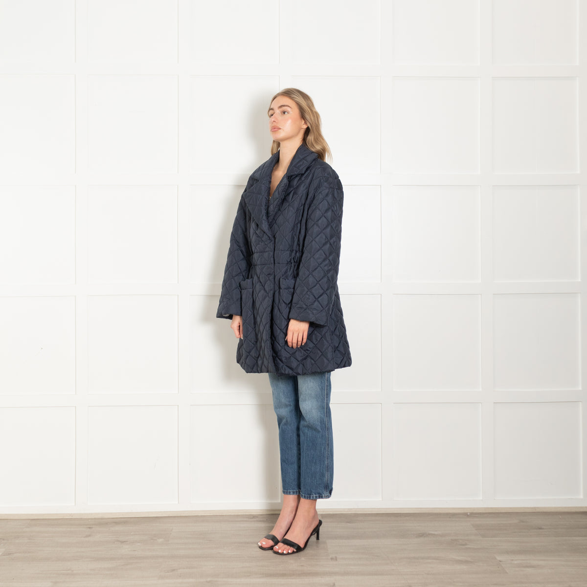 Ganni Navy Quilted Cinch Waist Coat