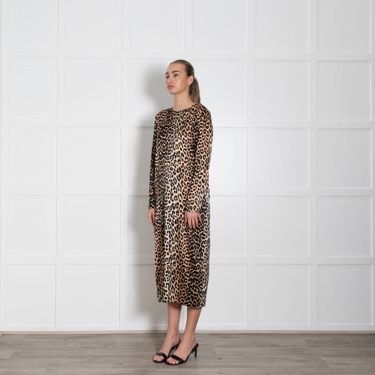 Ganni Brown Animal Print Silk Long Sleeve Dress