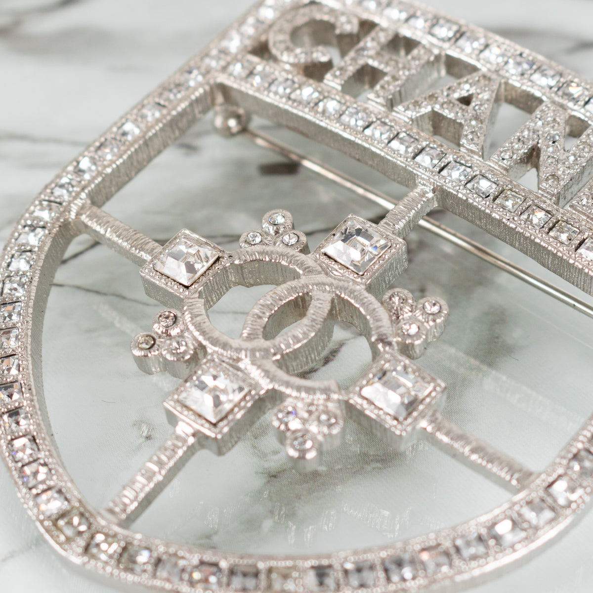 Chanel Silver Crystal Crest Shield Brooch