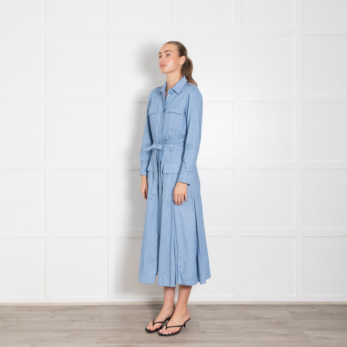 Gabriela Hearst Blue Pleated Belted Shirt Dress