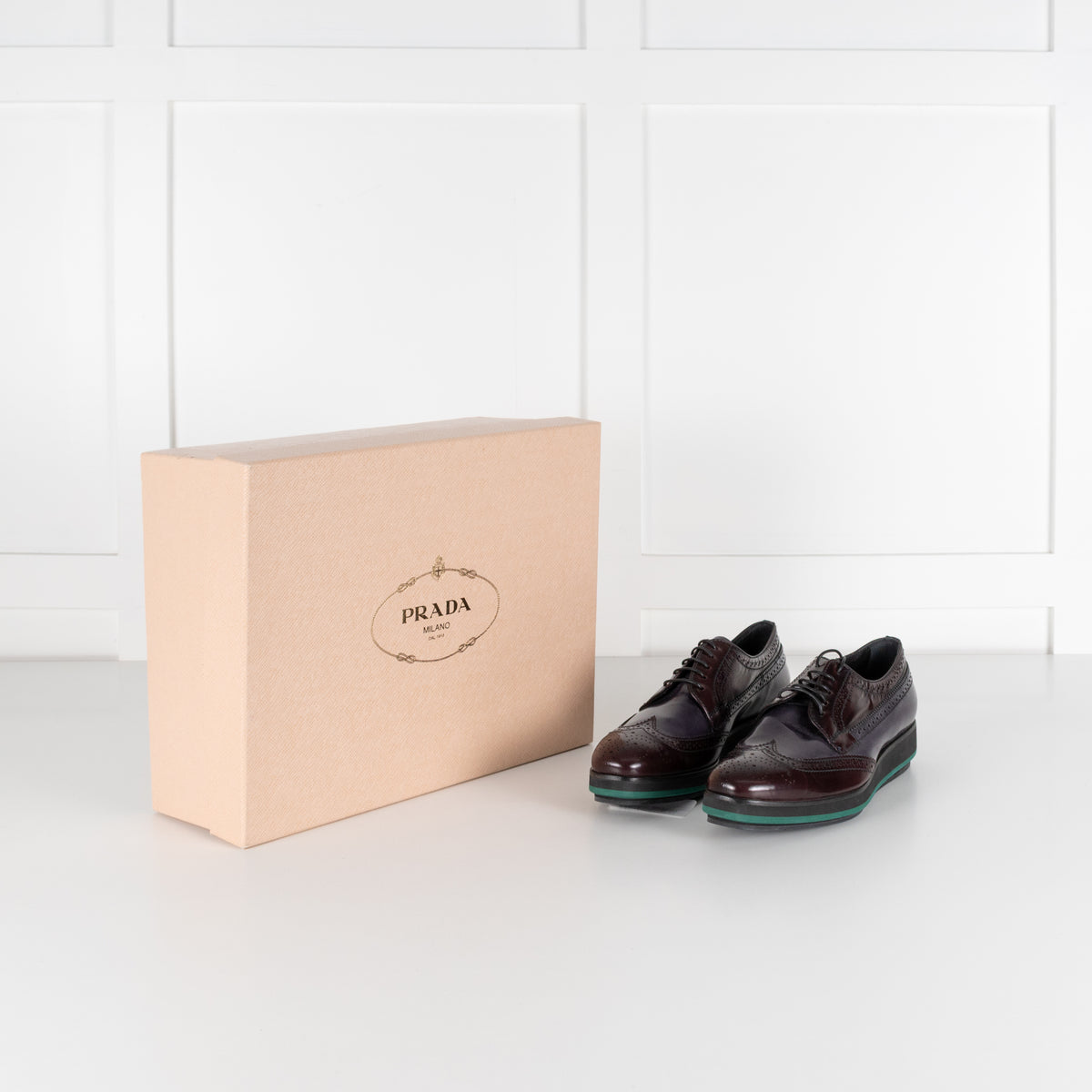 Prada Brown And Navy Brogue With Rubber Wedge