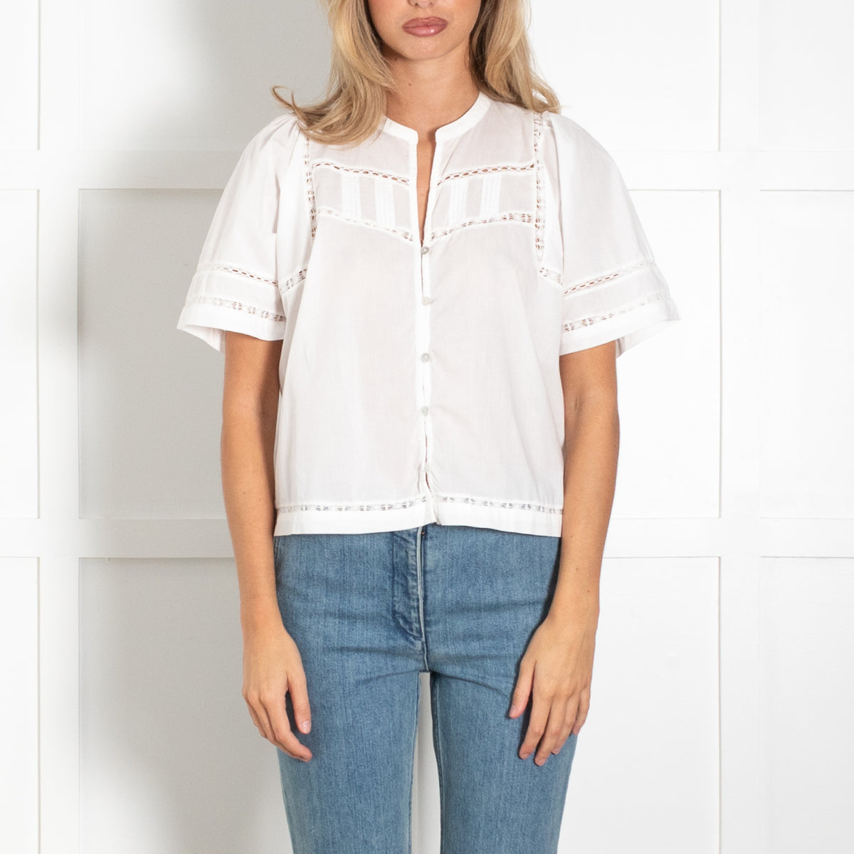 Rails White Short Sleeved Blouse With Lace Insets