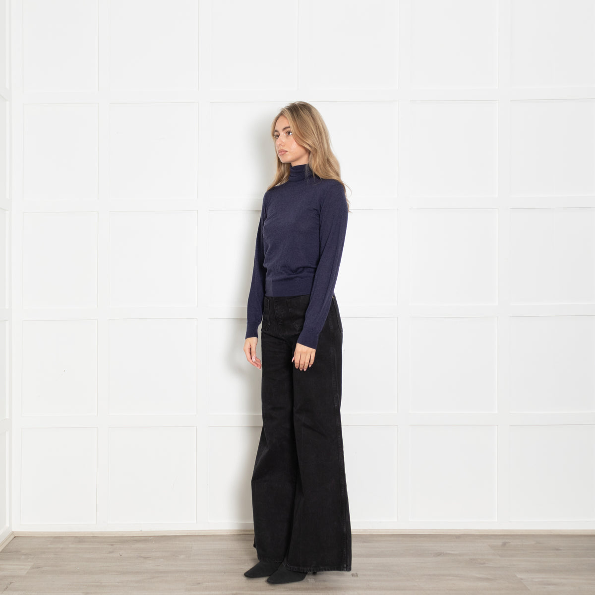 Loro Piano Navy Fine Knit Polo Neck Sweater