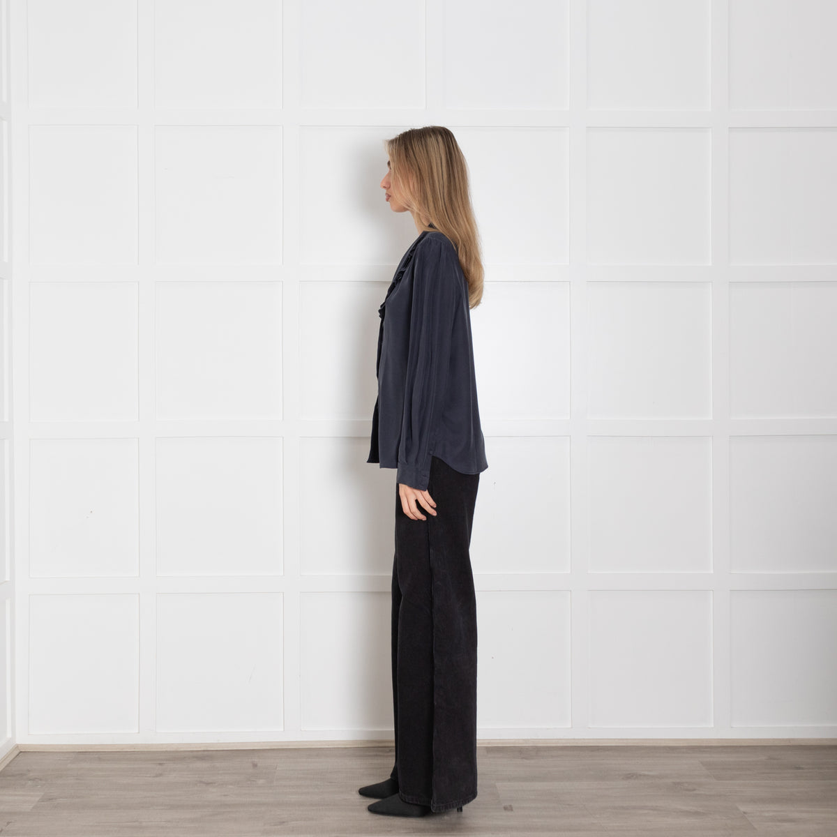 Frame Navy Blue Frill Neck Long Sleeved Blouse