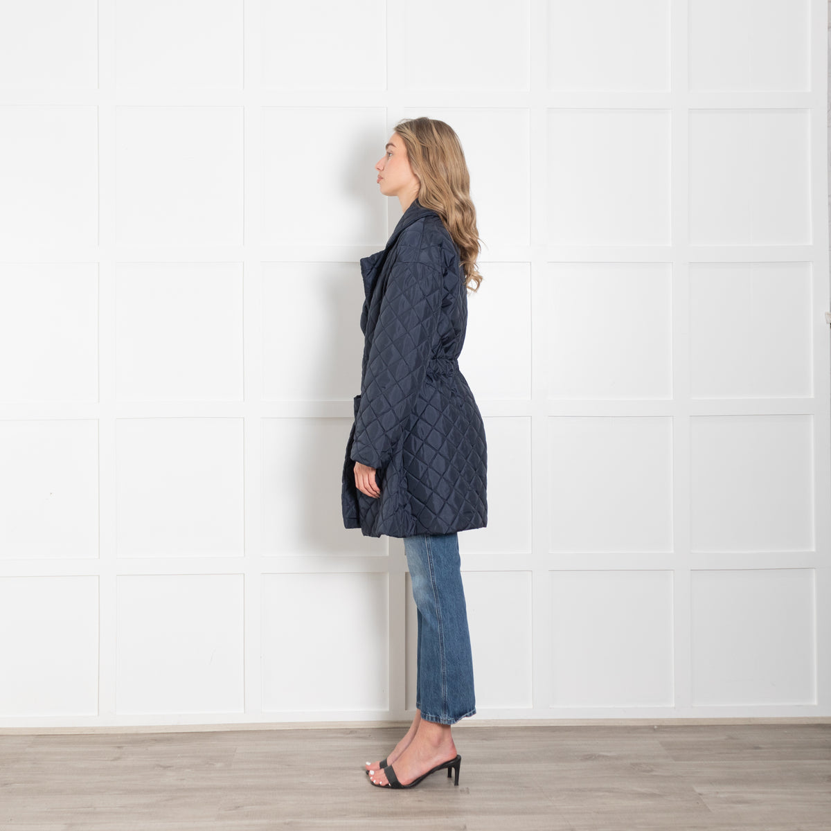 Ganni Navy Quilted Cinch Waist Coat