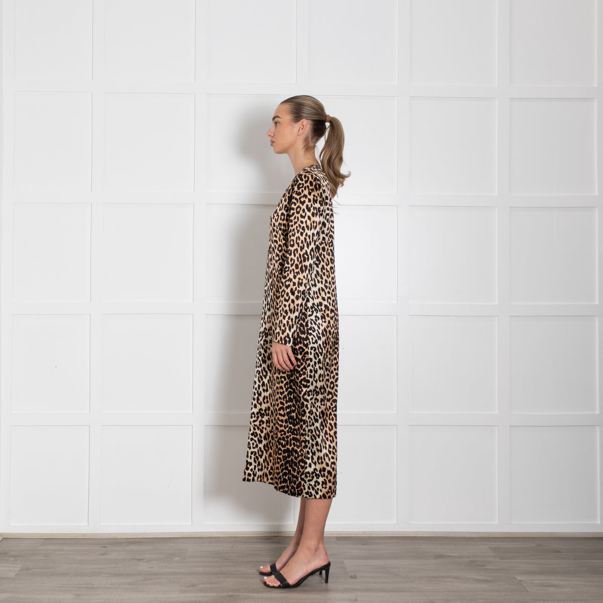 Ganni Brown Animal Print Silk Long Sleeve Dress