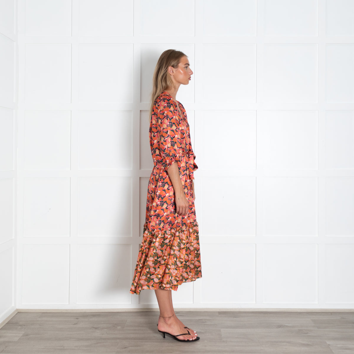 Emily Lovelock Pink Floral Longsleeve Buttondown Maxi Dress With Drop Pleated Skirt