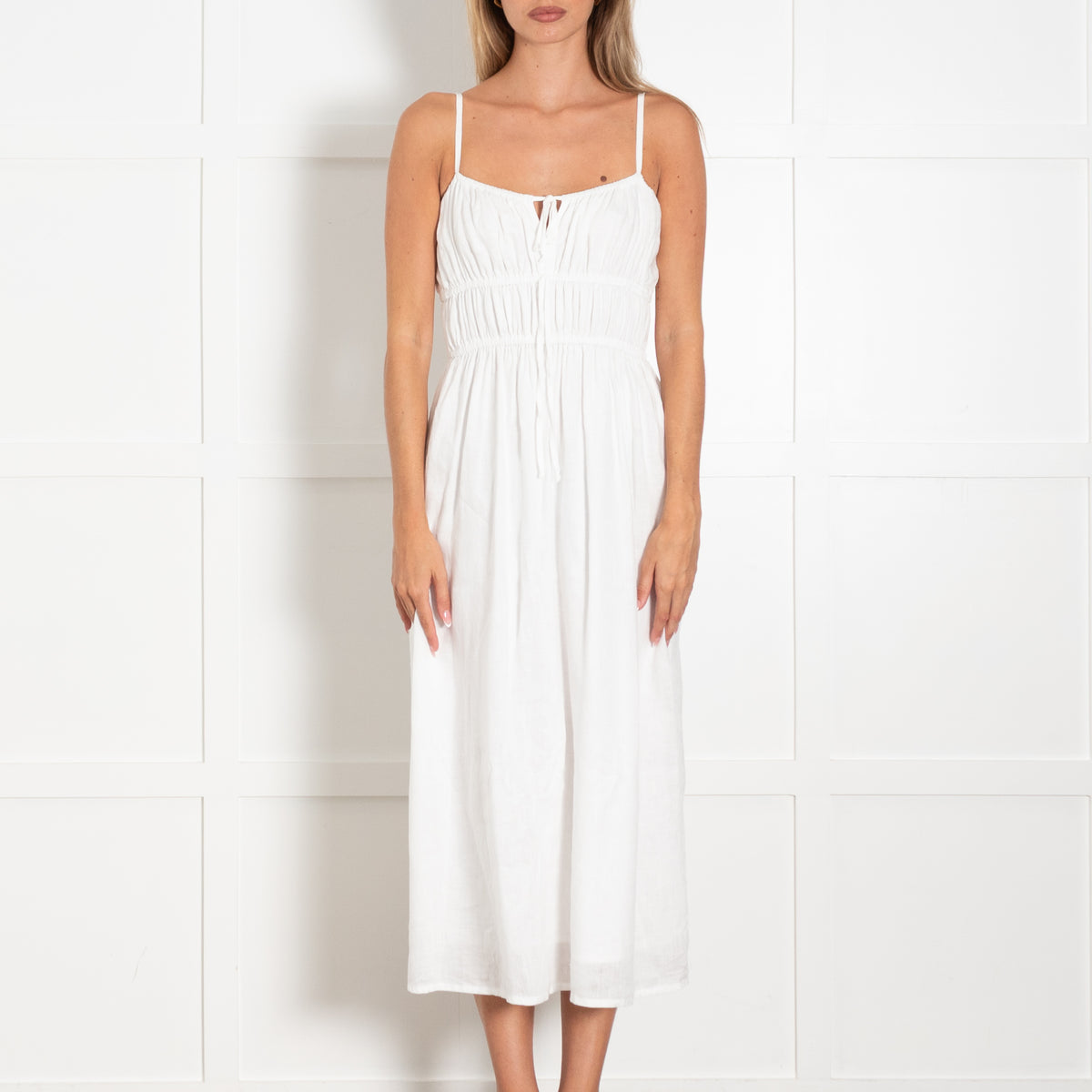 Faithfull The Brand White Linen Ruched Top Strappy Dress