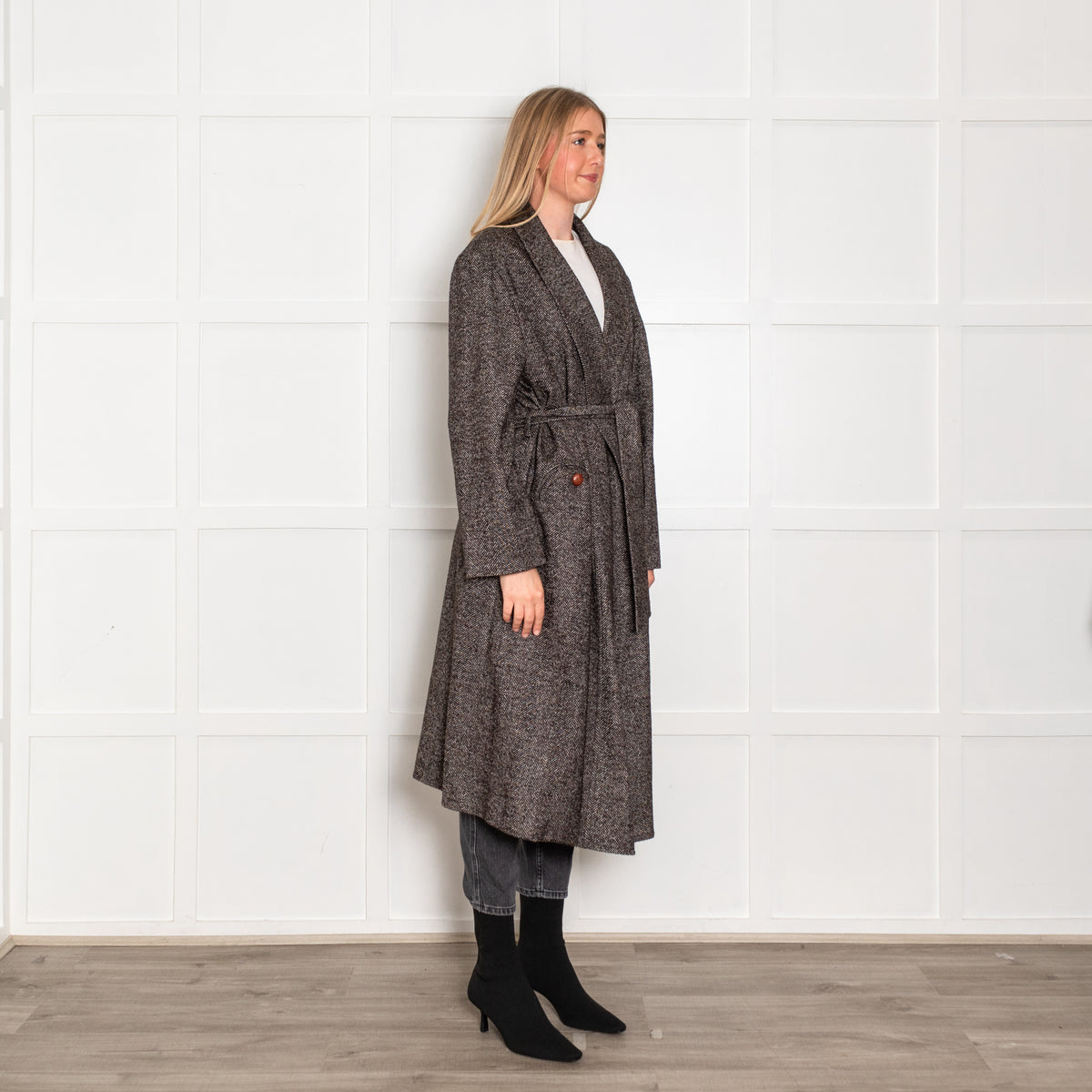 Blaze Brown White Herringbone Cabana Whistler Belted Long Coat