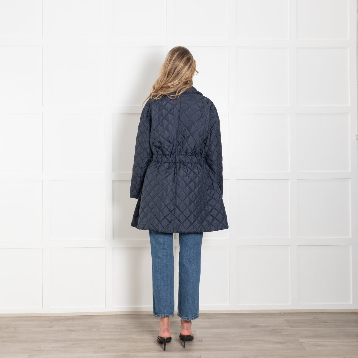 Ganni Navy Quilted Cinch Waist Coat