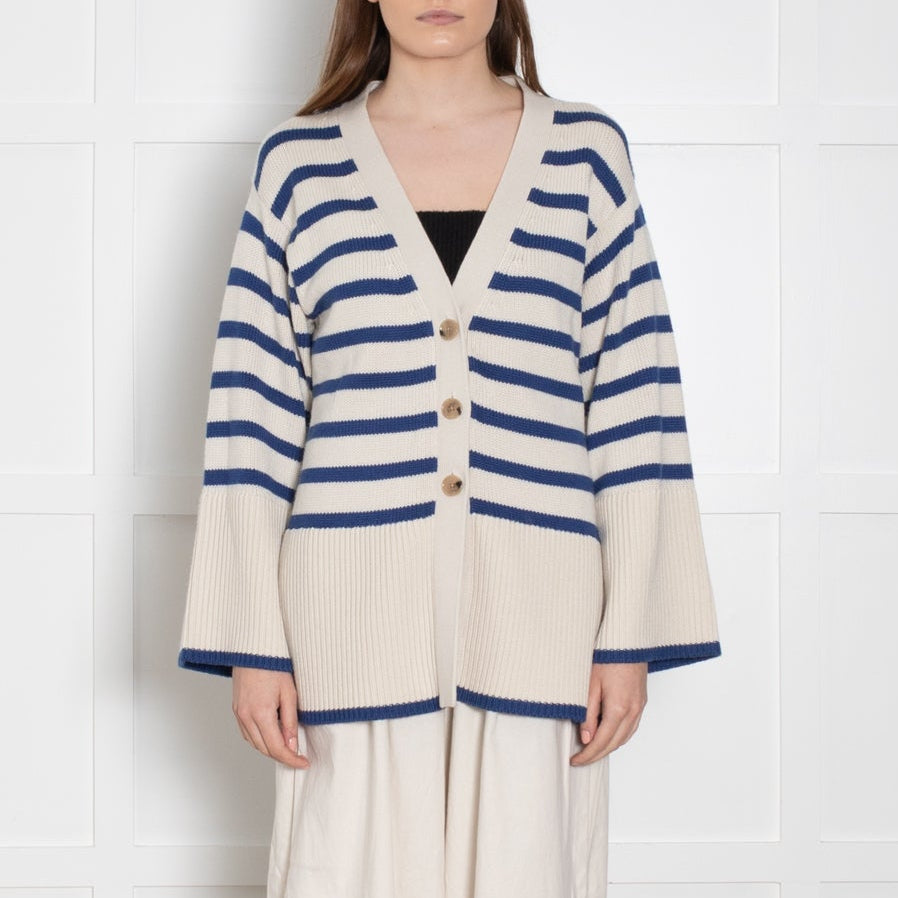 Toteme Blue and Cream Stripe Wool/ Cotton Mix Cardigan