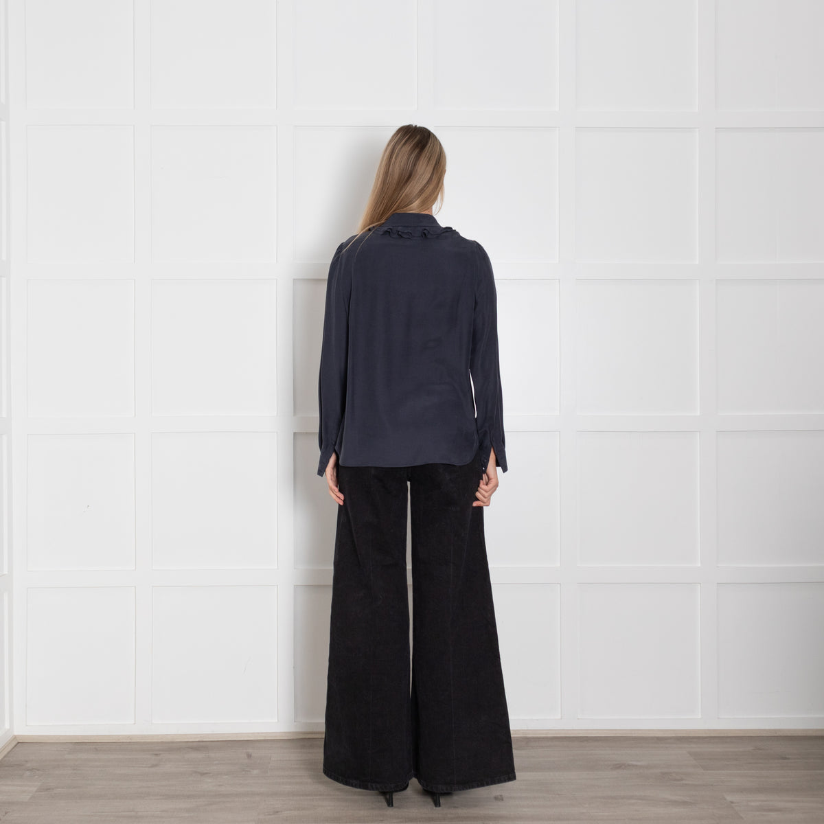 Frame Navy Blue Frill Neck Long Sleeved Blouse
