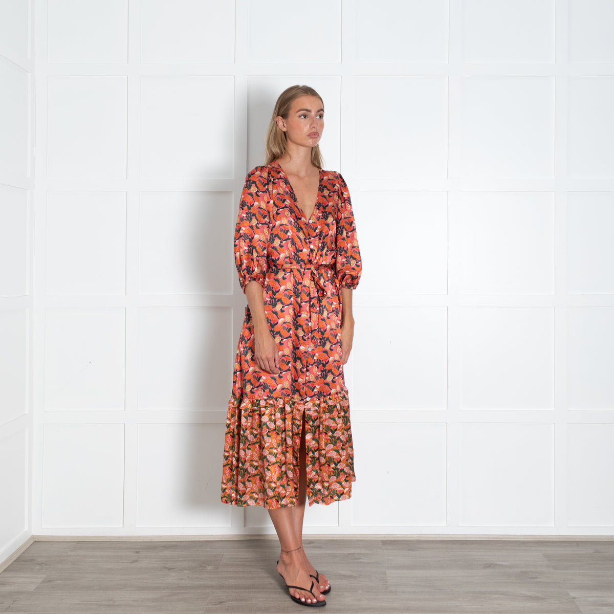 Emily Lovelock Pink Floral Longsleeve Buttondown Maxi Dress With Drop Pleated Skirt