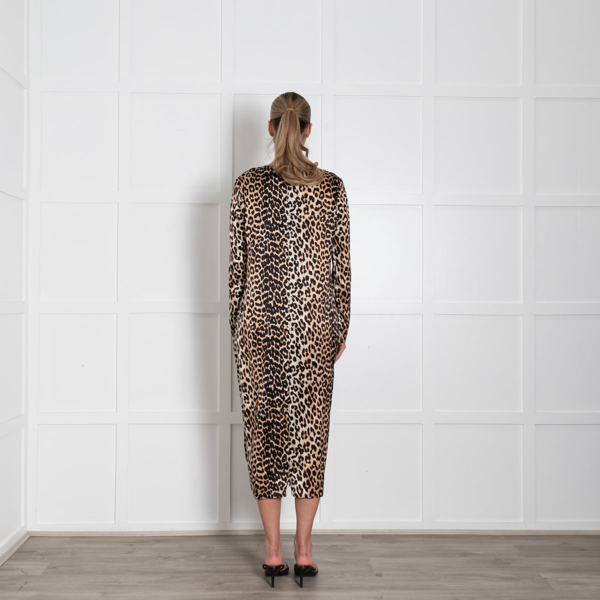 Ganni Brown Animal Print Silk Long Sleeve Dress