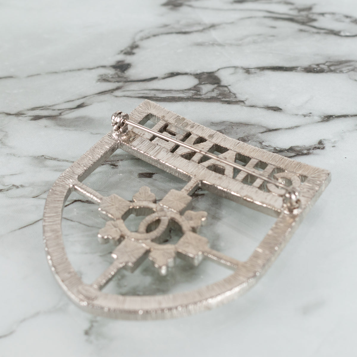 Chanel Silver Crystal Crest Shield Brooch