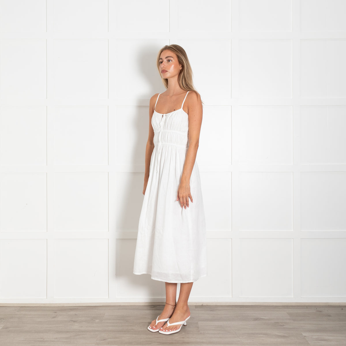 Faithfull The Brand White Linen Ruched Top Strappy Dress