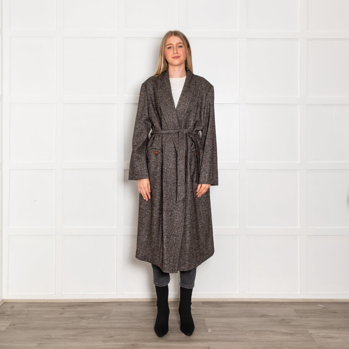 Blaze Brown White Herringbone Cabana Whistler Belted Long Coat