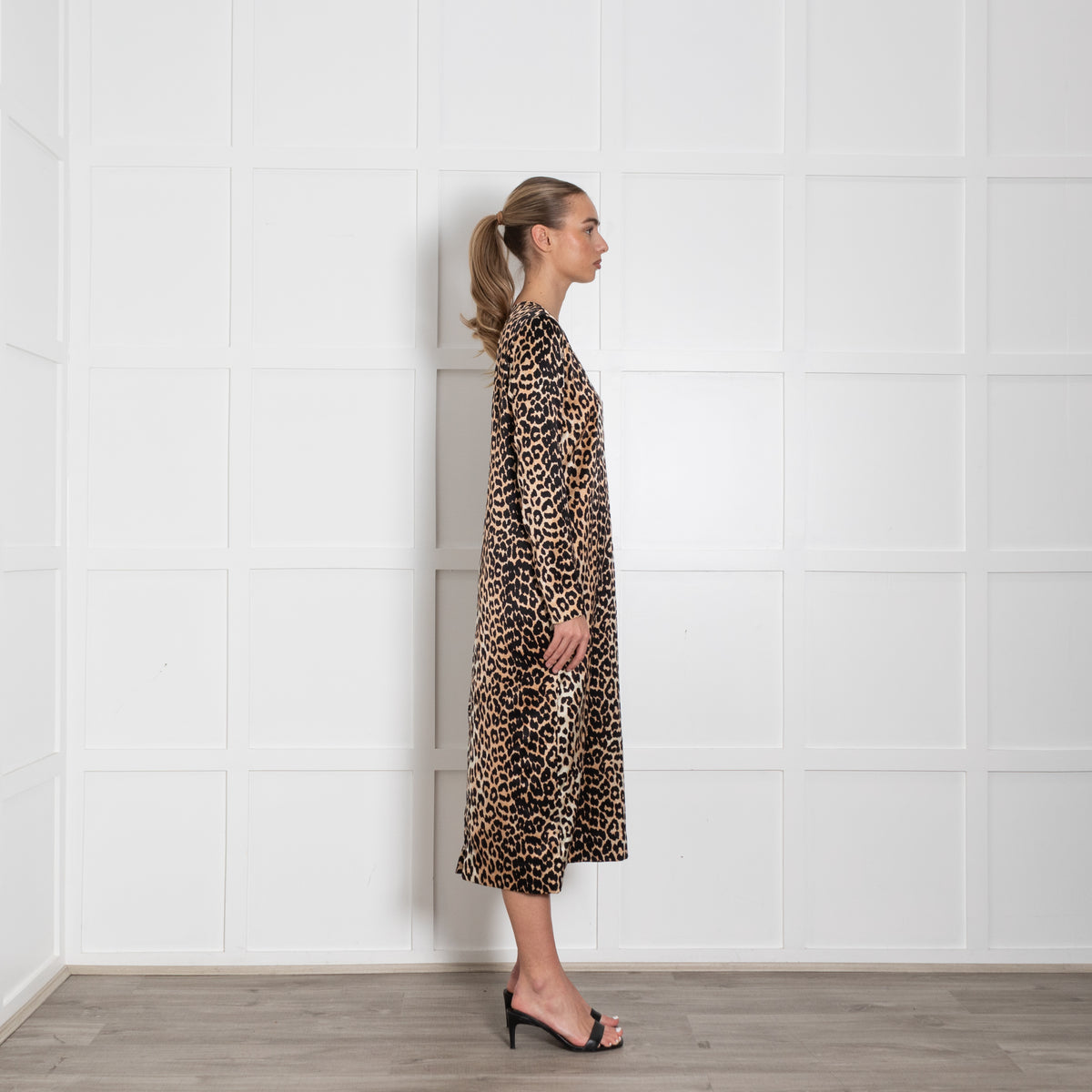 Ganni Brown Animal Print Silk Long Sleeve Dress