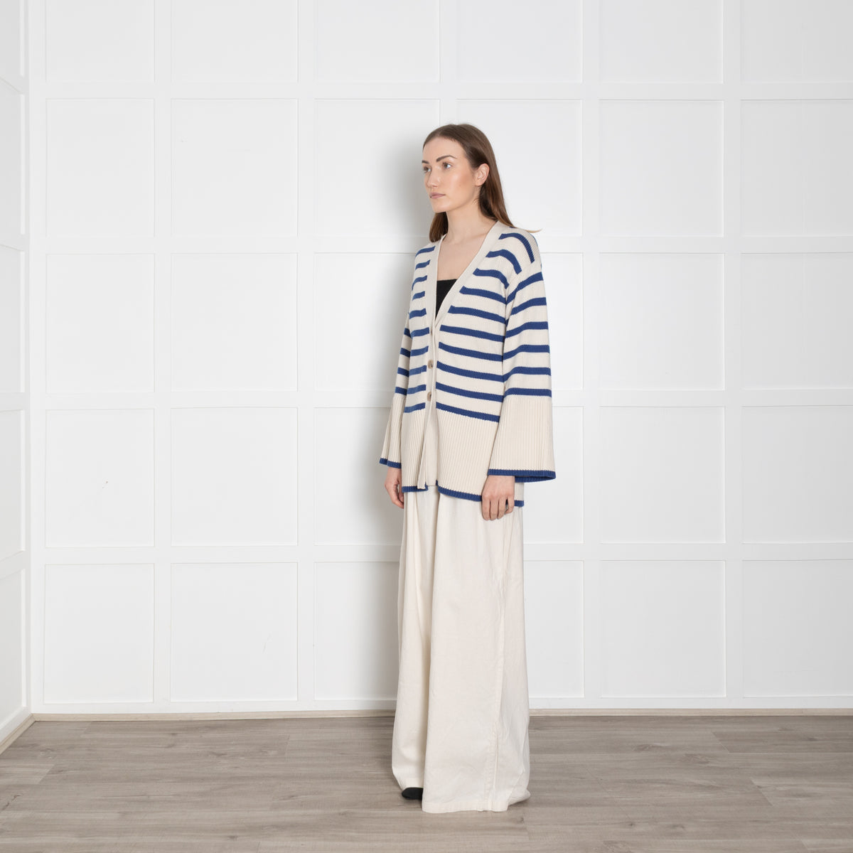 Toteme Blue and Cream Stripe Wool/ Cotton Mix Cardigan