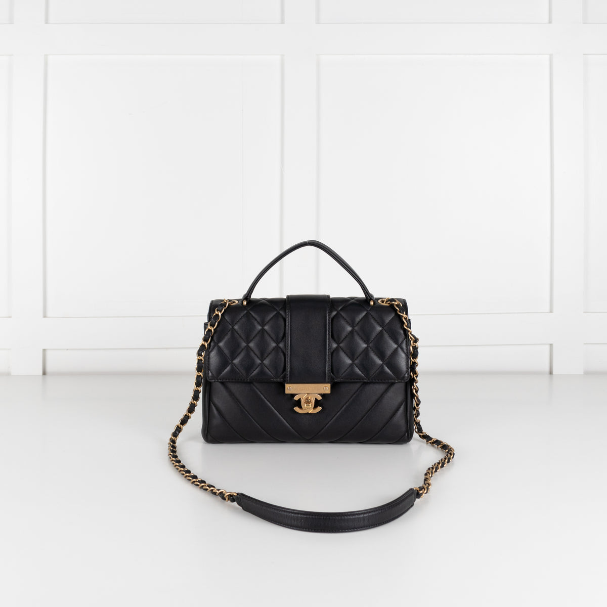 Chanel Black Lambskin Leather Top Handle Flap Bag