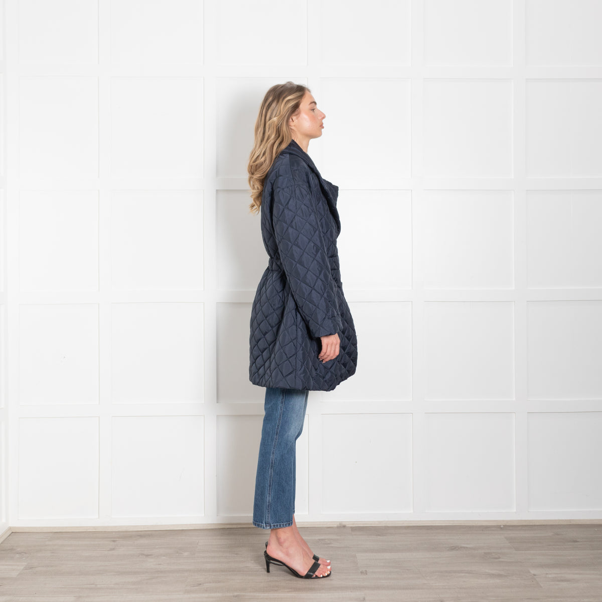 Ganni Navy Quilted Cinch Waist Coat