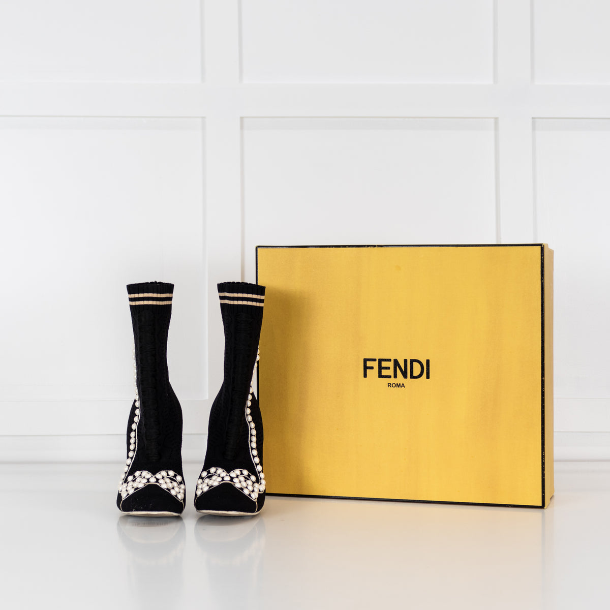 Fendi Black Cream Pearl Fabric Stripe Heeled Ankle Boots