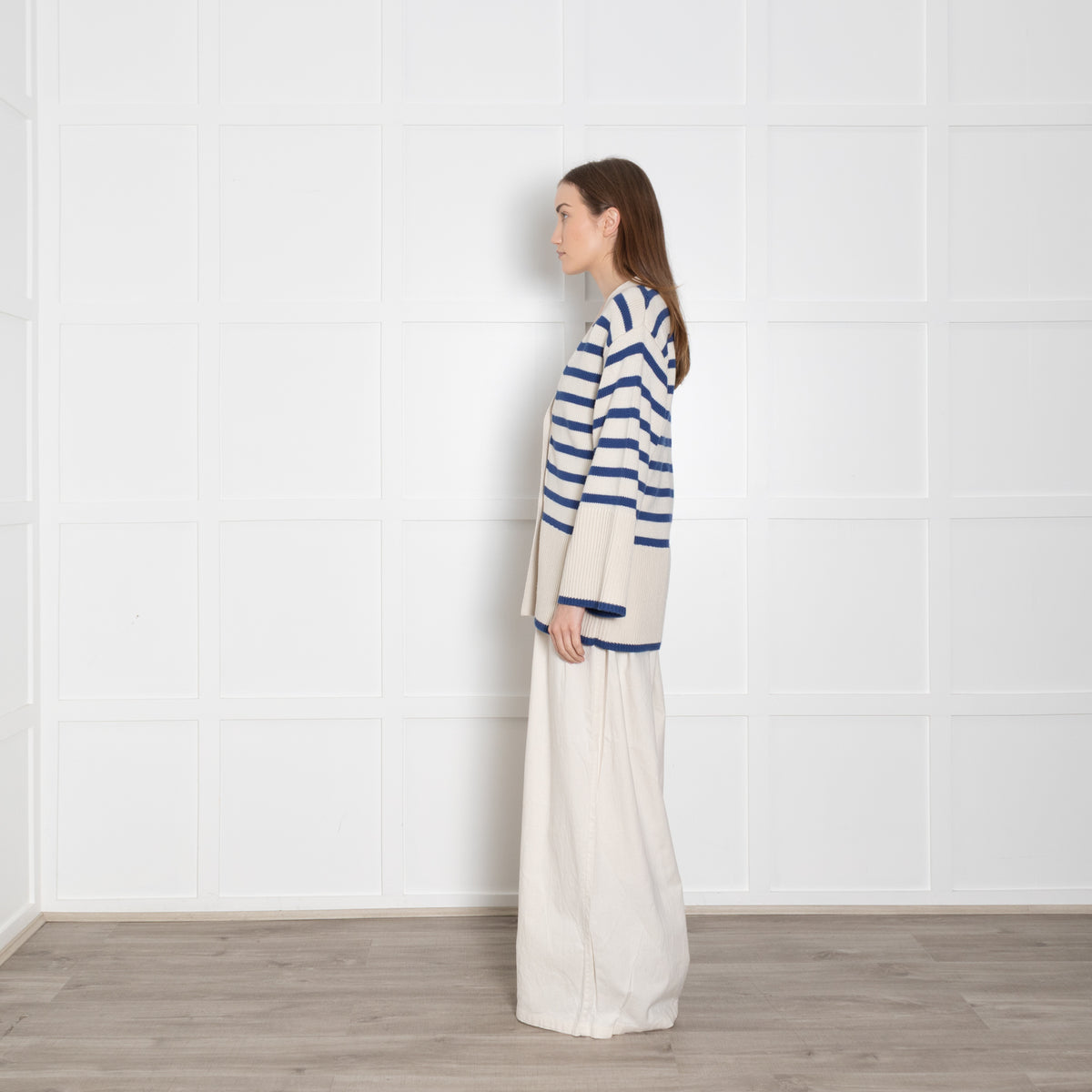 Toteme Blue and Cream Stripe Wool/ Cotton Mix Cardigan