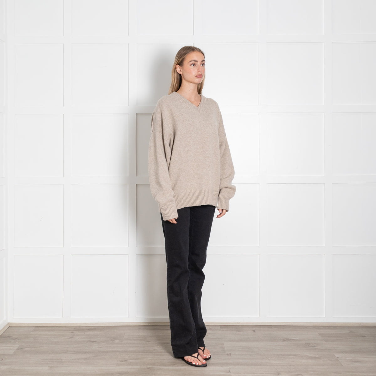 &Daughter Oatmeal V Neck Wool Jumper