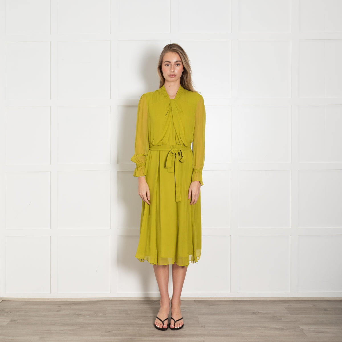 The Fold Carlton Silk Charteuse Dress With Belt