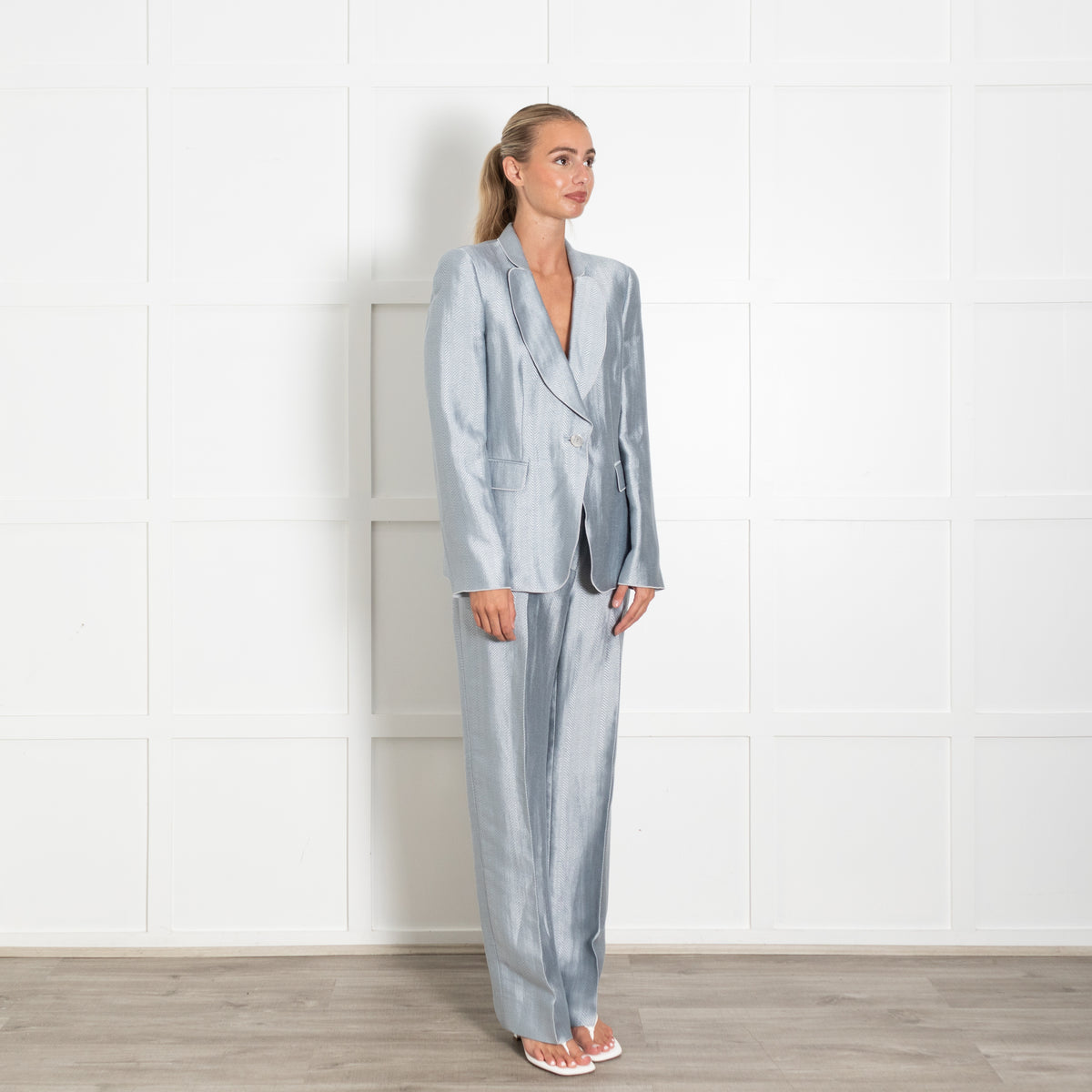 Giorgio Armani Pale Blue Herringbone Trousers Suit