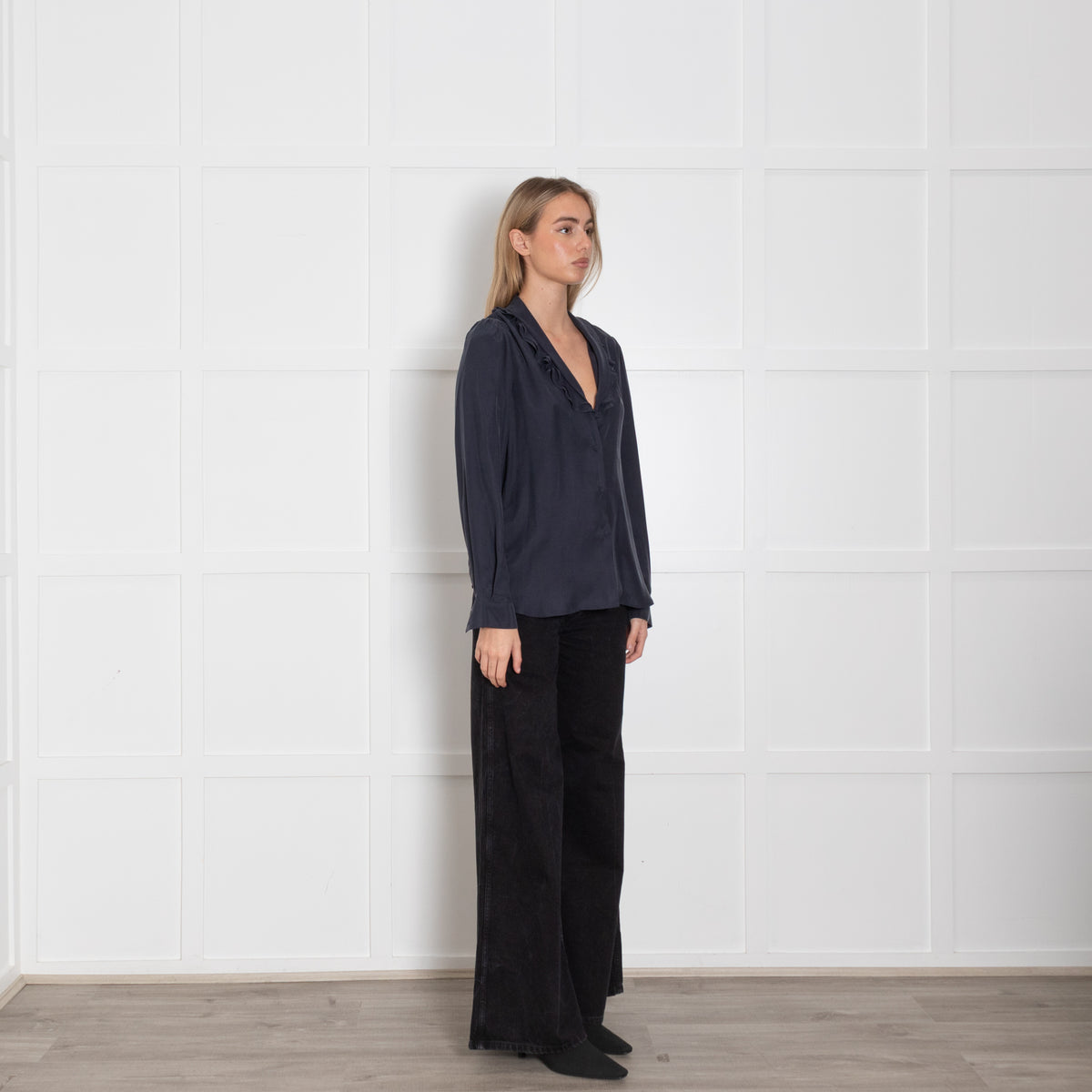 Frame Navy Blue Frill Neck Long Sleeved Blouse